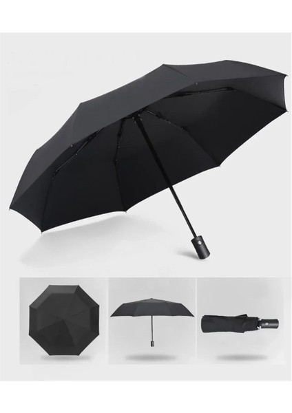 Otomatik Yağmur ve Güneş Şemsiyesi Siyah Kaplama Şemsiye Anti-UV 3 Katlanır Rüzgara Dayanıklı Otomatik Lüks Büyük Rüzgar Geçirmez Kadın Erkek 8Ribs (Yurt Dışından)