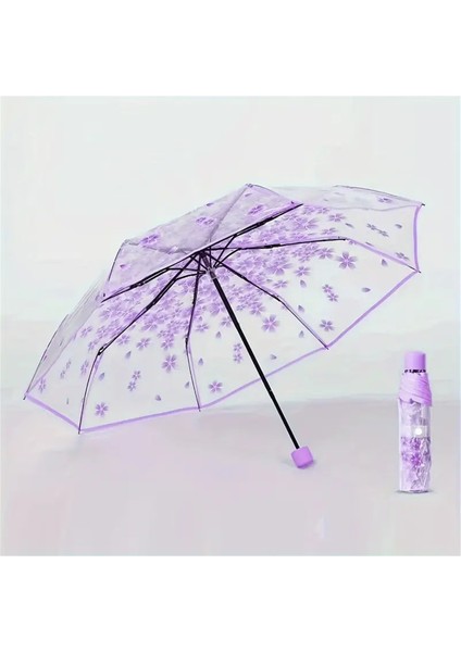 Kore Şemsiye Sevimli Mini Taze ve Üç Katlı Japon Kiraz Çiçeği Şeffaf Şemsiye Yağmur Geçirmez ve Rüzgar Geçirmez (Yurt Dışından)