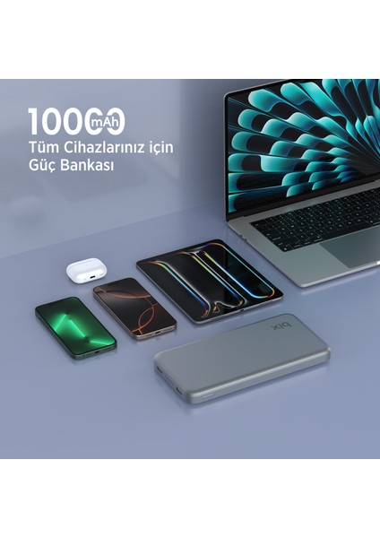 PB113 10000MAH Pd 20W Çift Usb-C Portlu Hızlı Şarj Destekli Taşınabilir Metal Gövdeli Slim Powerbank Koyu Gri