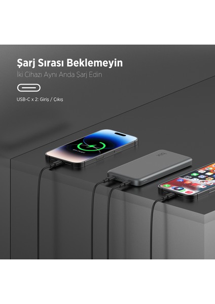 PB113 10000MAH Pd 20W Çift Usb-C Portlu Hızlı Şarj Destekli Taşınabilir Metal Gövdeli Slim Powerbank Koyu Gri