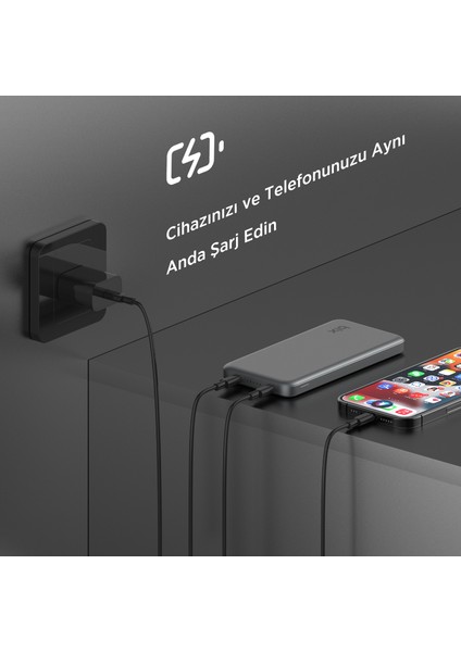 PB113 10000MAH Pd 20W Çift Usb-C Portlu Hızlı Şarj Destekli Taşınabilir Metal Gövdeli Slim Powerbank Koyu Gri