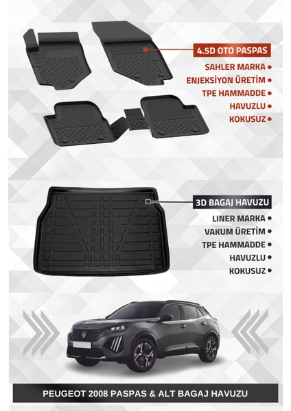 Peugeot 2008 2019+ Uyumlu 4.5d Premium Havuzlu Paspas ve Liner Marka 3D Alt Bagaj Havuzu