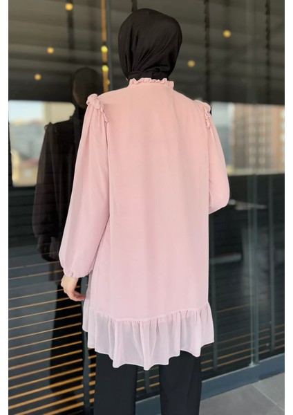 Ön Bağlamalı Fırfırlı Güpür Detaylı Tesettür Şifon Tunik fırsatları