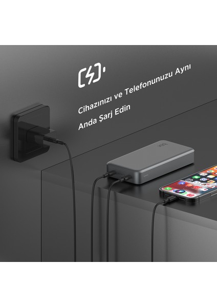 PB205 20000MAH Pd 20W Çift Usb-C Portlu Hızlı Şarj Destekli Taşınabilir Metal Powerbank Koyu Gri