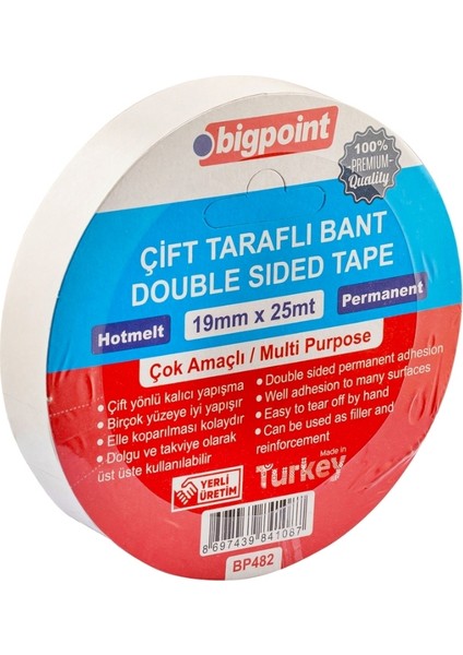 | Çift Taraflı Hotmelt Bant, 19 mm x 25 M, Tüm Yüzeyler Için Ideal