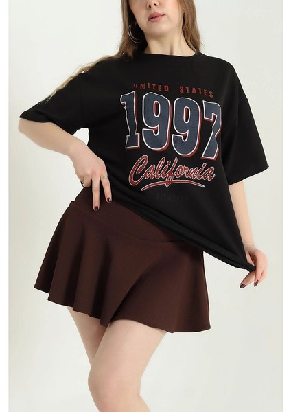 Bisiklet Yaka 1997 Baskılı Oversize Kalın Dokulu Pamuklu T-Shirt