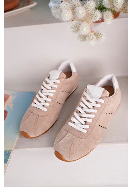 Lizbon Model Hakiki Deri Bej Süet Bağcıklı Günlük Kadın Sneakers