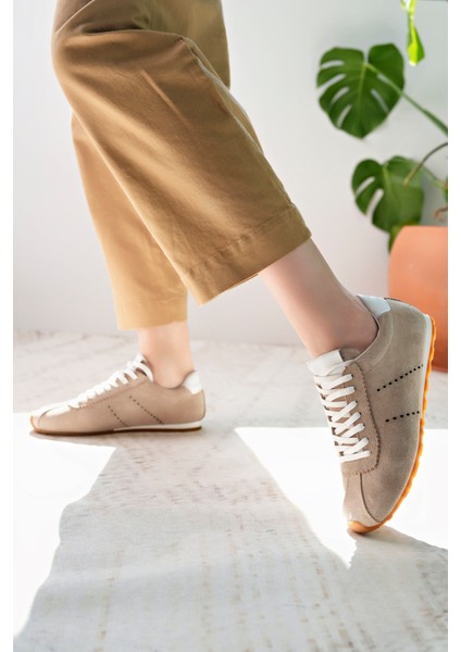 Lizbon Model Hakiki Deri Bej Süet Bağcıklı Günlük Kadın Sneakers modelleri