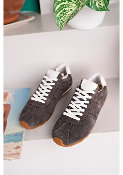 Lizbon Model Hakiki Deri Gri Süet Bağcıklı Günlük Kadın Sneakers