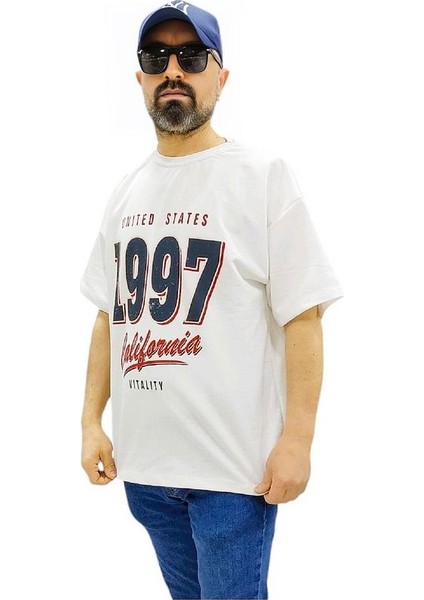 Bisiklet Yaka 1997 Baskılı Oversize Kalın Dokulu Pamuklu T-Shirt