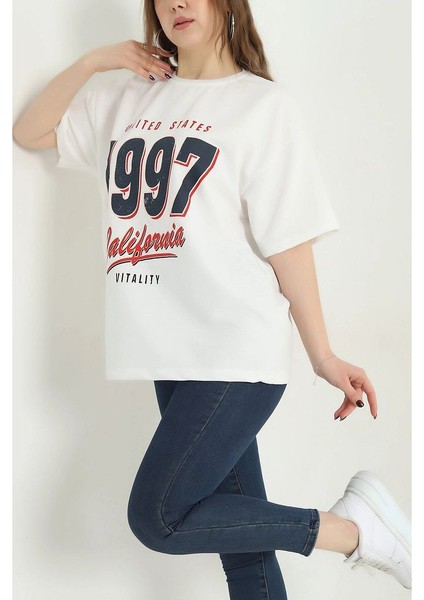 Bisiklet Yaka 1997 Baskılı Oversize Kalın Dokulu Pamuklu T-Shirt