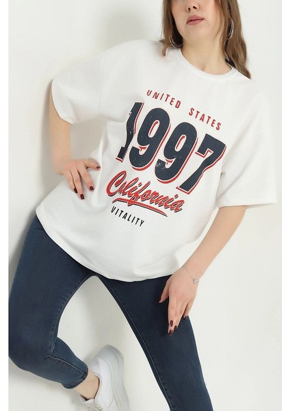 Bisiklet Yaka 1997 Baskılı Oversize Kalın Dokulu Pamuklu T-Shirt
