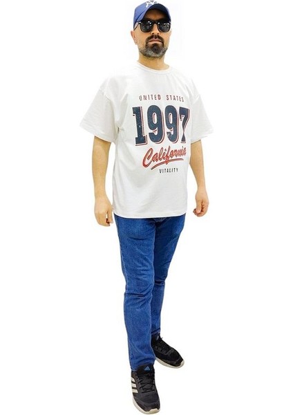 Bisiklet Yaka 1997 Baskılı Oversize Kalın Dokulu Pamuklu T-Shirt