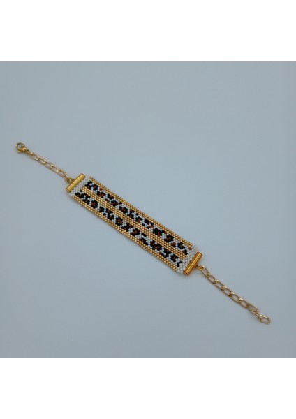 Gold Şerit ve Leopar Işlemeli Miyuki Bileklik