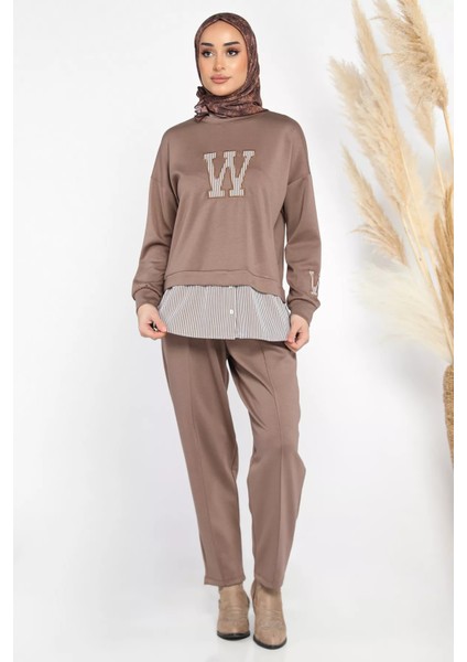 Kadın Tesettür Gömlek Garnili Nakışlı Sweat Pantolon Ikili Takım