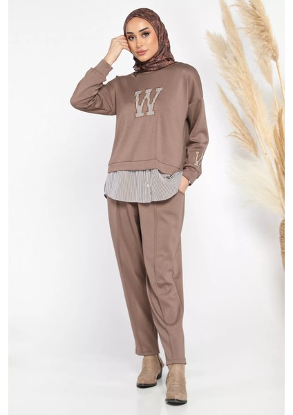 Kadın Tesettür Gömlek Garnili Nakışlı Sweat Pantolon Ikili Takım fiyatları