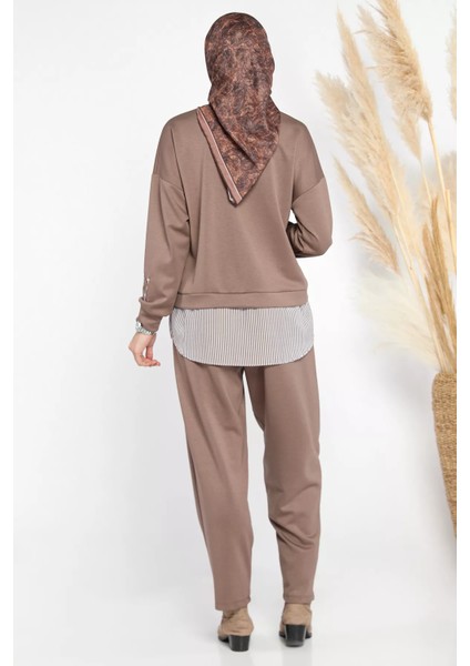 Kadın Tesettür Gömlek Garnili Nakışlı Sweat Pantolon Ikili Takım fırsatları