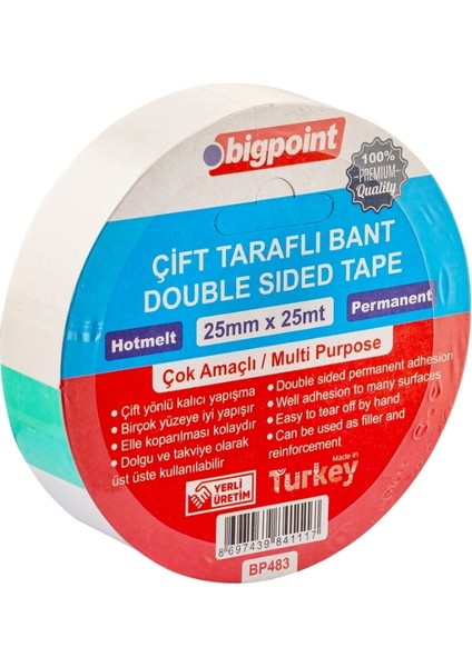 | Çift Taraflı Hotmelt Bant, 25 mm x 25 M, Tüm Yüzeyler Için Ideal