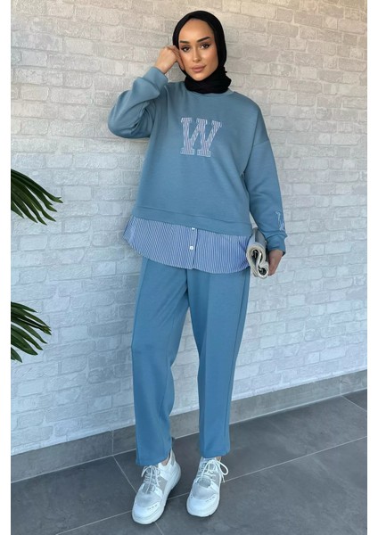 Kadın Tesettür Gömlek Garnili Nakışlı Sweat Pantolon Ikili Takım
