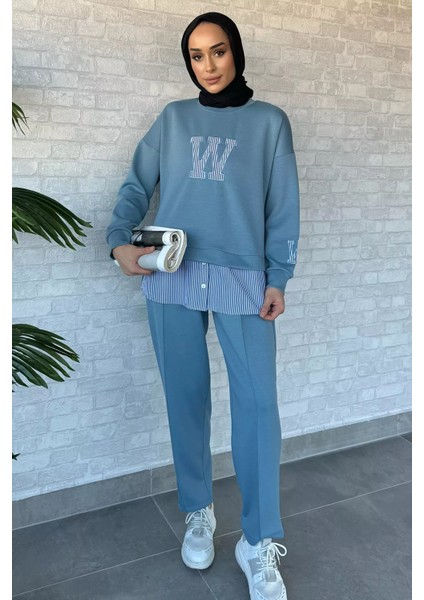 Kadın Tesettür Gömlek Garnili Nakışlı Sweat Pantolon Ikili Takım