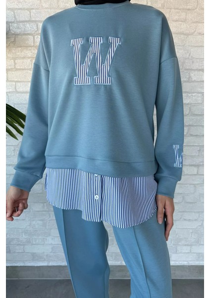 Kadın Tesettür Gömlek Garnili Nakışlı Sweat Pantolon Ikili Takım