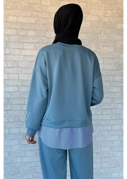 Kadın Tesettür Gömlek Garnili Nakışlı Sweat Pantolon Ikili Takım