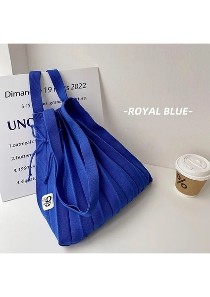 Kraliyet Mavi 31X34 cm Kadın Yün Örme Pileler Tote Organ Çanta Tasarımcısı Şık Dikiş Kontrast Kore Moda Omuz Alışveriş Çantası Kadınlar Için (Yurt Dışından)