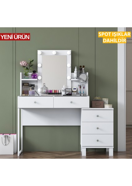 BJ152 Hollywood Işıklı Aynalı Kulis Makyaj Masası Cam Tablalı 5 Çekmeceli Takı Düzenleyici Beyaz