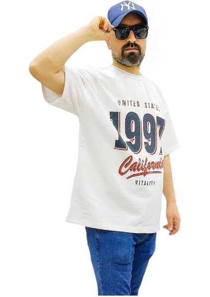 Bisiklet Yaka 1997 Baskılı Oversize Kalın Dokulu Pamuklu T-Shirt