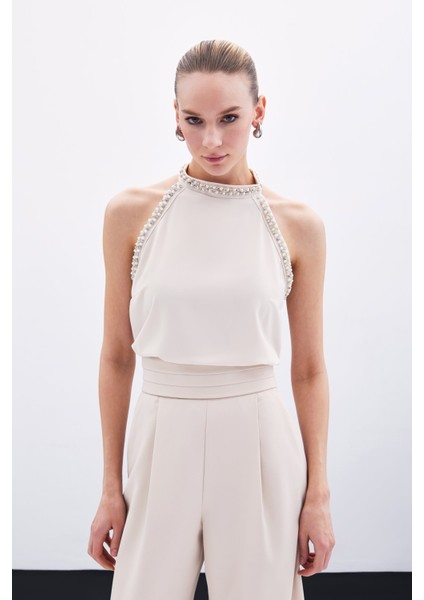 Aksesuar Detaylı Kolsuz Bluz - Bej fiyatları