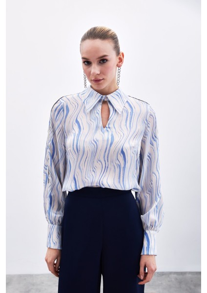 Kol Aksesuarlı Desenli Bluz - Mavi fiyatları