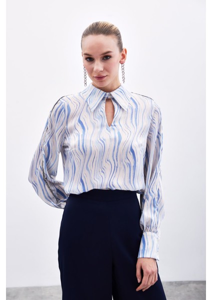 Kol Aksesuarlı Desenli Bluz - Mavi modelleri