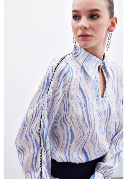 Kol Aksesuarlı Desenli Bluz - Mavi fırsatları