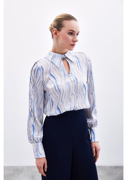 Kol Aksesuarlı Desenli Bluz - Mavi indirimleri