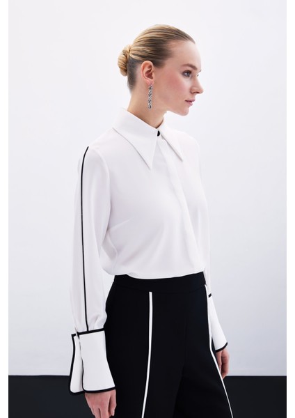 Kadın Klasik Manşetli Uzun Kol Ekru Gömlek - Günlük Stil Düz Desen