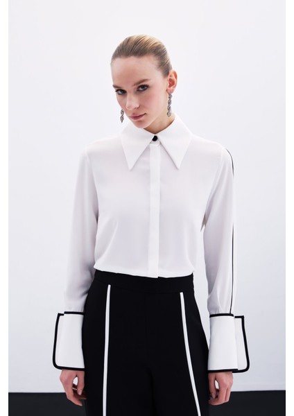 Kadın Klasik Manşetli Uzun Kol Ekru Gömlek - Günlük Stil Düz Desen fiyatları