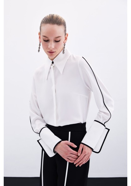 Kadın Klasik Manşetli Uzun Kol Ekru Gömlek - Günlük Stil Düz Desen modelleri