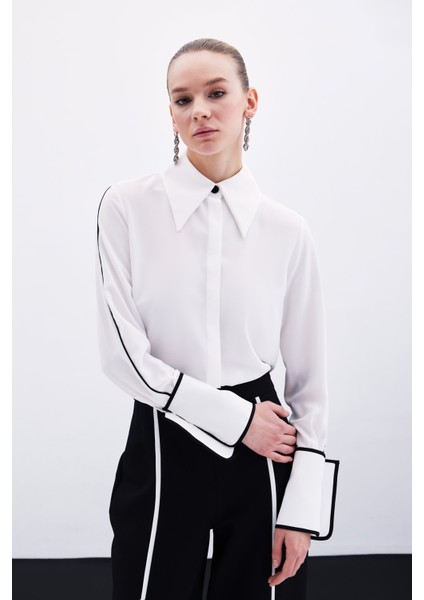 Kadın Klasik Manşetli Uzun Kol Ekru Gömlek - Günlük Stil Düz Desen fırsatları