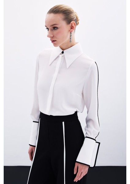 Kadın Klasik Manşetli Uzun Kol Ekru Gömlek - Günlük Stil Düz Desen indirimleri