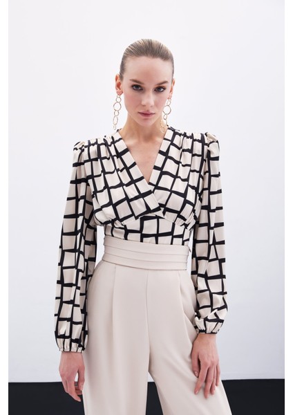 Desenli Crop Bluz - Bej