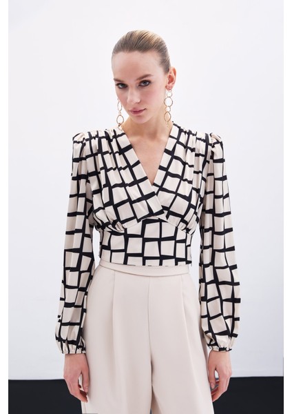 Desenli Crop Bluz - Bej modelleri