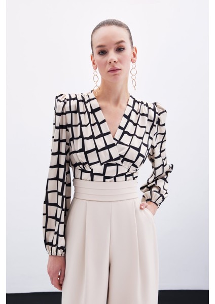 Desenli Crop Bluz - Bej indirimleri