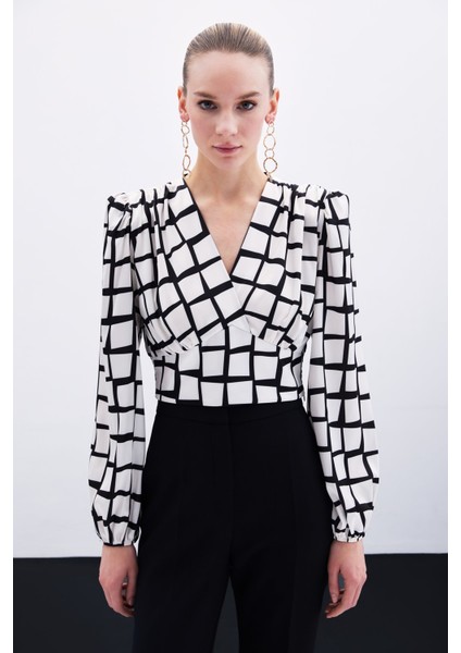 Desenli Crop Bluz - Ekru
