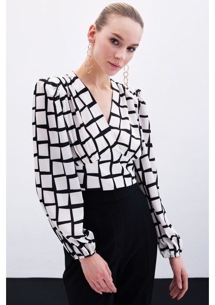 Desenli Crop Bluz - Ekru indirimleri