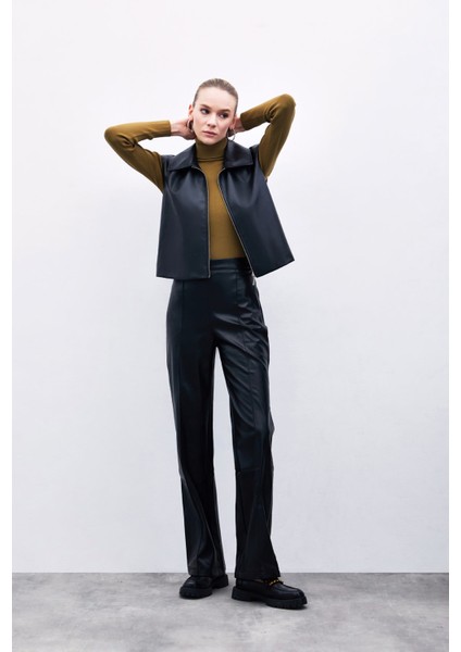 Yüksek Bel Deri Pantolon - Siyah