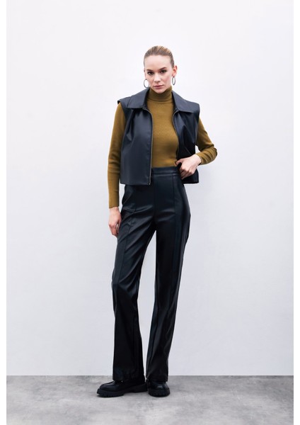 Yüksek Bel Deri Pantolon - Siyah fiyatları