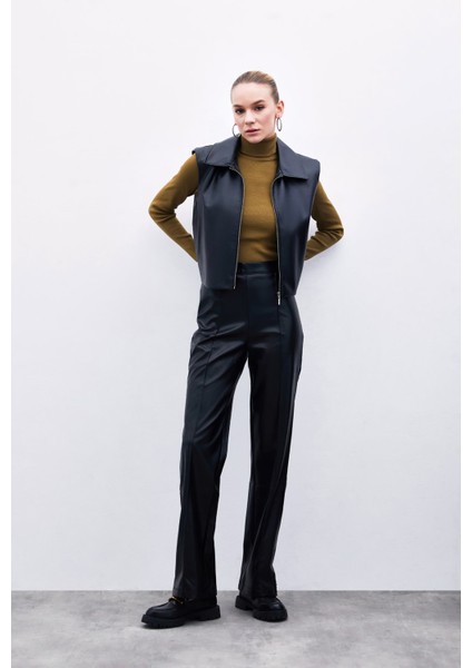 Yüksek Bel Deri Pantolon - Siyah modelleri