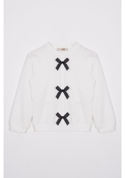 Bisiklet Yaka Önü Fiyonk Detaylı Ekru Renk Kız Çocuk Sweat