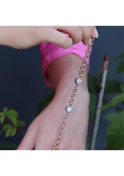 Kalp Nazar Boncuklu Zirkon Taşlı Rose Gold Kaplama Zincir Bileklik