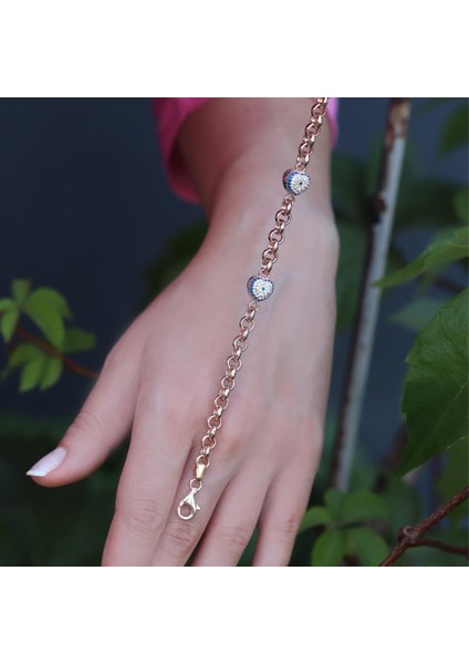 Kalp Nazar Boncuklu Zirkon Taşlı Rose Gold Kaplama Zincir Bileklik